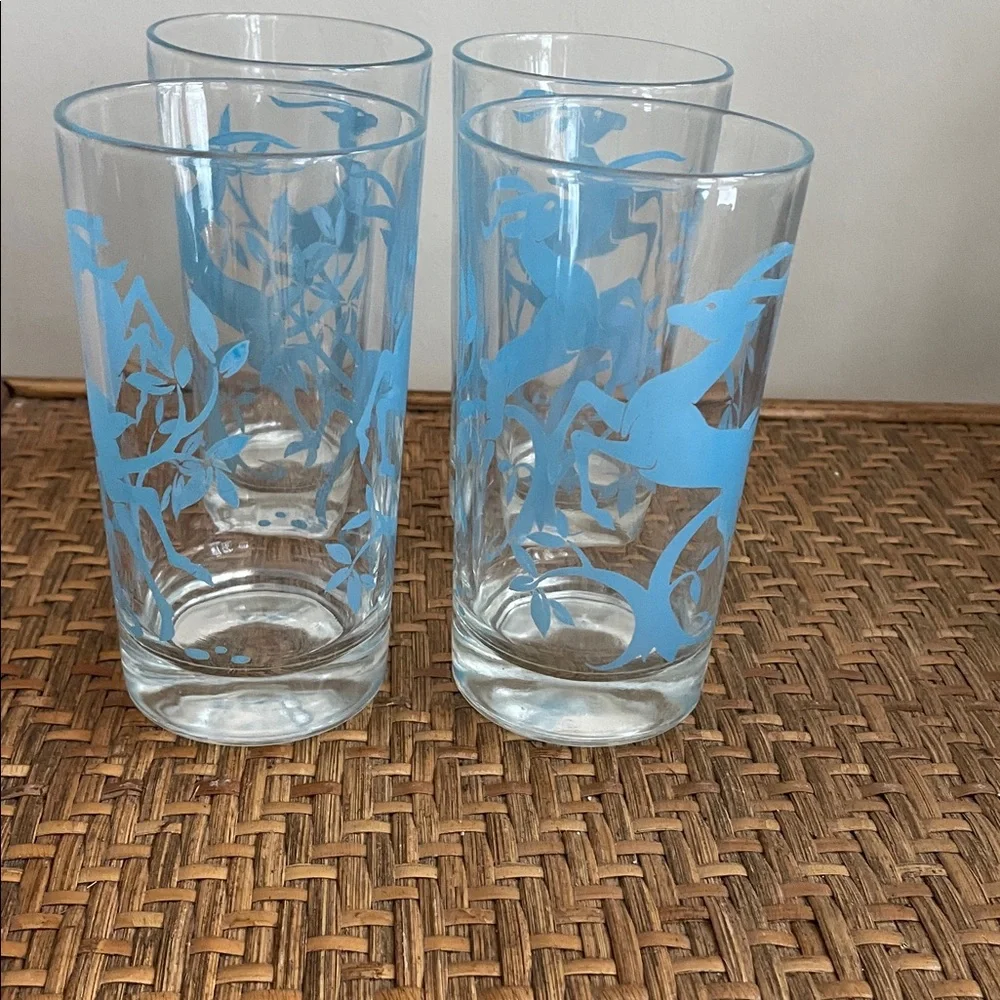 Set of Four Federal MCM Mid Century Leaping Gazelle 5” Blue Glasses-Barware